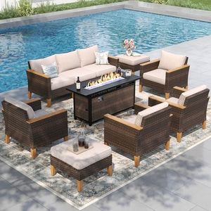 PHI VILLA 10-Piece Outdoor Sectional Patio Conversation Set with 56" Fire Pit Table Table, Outdoor Rattan Furniture Patio Set for 9 Seats with Cushions, Beige