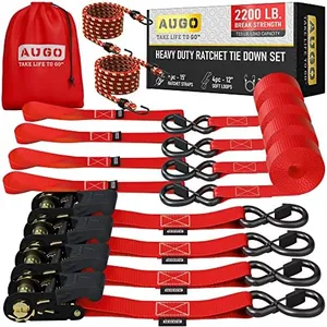 AUGO Ratchet Straps Heavy Duty 4 Pack -15 FT - 2200 LB Break Strength – Ratchet Tie Down Straps with Safety Lock S Hooks - Cargo Straps for Moving, Appliances, Motorcycle – Soft Loop Tie Down Straps