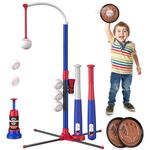 HYES 4 in 1 T Ball Sets for Kids 3-5 with Toss and Catch Ball Set, Hanging Tee Stand with Auto Pitching Machine/ 2 Bats, Indoor Outdoor Toys Birthday Baseball Gifts for Boys Girls, Blue