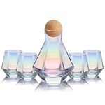 CUKBLESS Wine Decanter, Wine Glasses Set of 4, Diamond Iridescent Wine Carafe With Cork Ball Stopper, Hand Blown Glass, for Wine Lovers