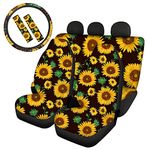 Coloranimal Yellow Sunflower Design Front Rear Car Seat Cover 3PCS Bench Seat Cover Set with Nonslip Steering Wheel Safety Pads Cover,Shoulder Belt Seat Mats Cushion Fits Cars, Trucks and SUVs(6pcs)