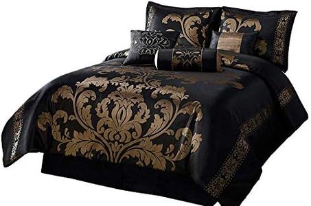 Chezmoi Collection 7-Piece Jacquard Floral Comforter Set, California King, Black/Gold