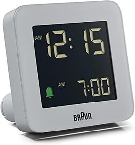 Braun Digital Alarm Clock with Snooze, Negative LCD Display, Quick Set, Crescendo Beep Alarm in Grey, Model BC09G.