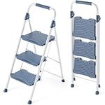 KINGRACK 3 Step Ladder, Sturdy Step Stool with Handrail, Anti-Slip Wide Pedals, Foldable Step Stool for Home, Garage, Garden, Pass 900LBS Testing, Blue