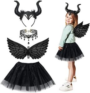 Fennoral 4pcs Juego Diadema disfraz diablo con cuernos Disfraz diablo Halloween para niñas - Collar cola diadema tutú - para disfraz Halloween Imitación Cosplay Regalo fiesta carnaval