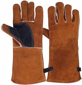 NBLEAGLO Leather Fireplace Gloves Heat Resistant for Mig,Tig welding,Stick,Forge,BBQ,Grill, Wood Stove,Fireproof Stitching (Brown &Black Reinforced Palm)