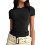 LACOZY Women's Basic Solid Crop Tops Short Sleeve Round Neck Shirt Workout Slim Fit T-Shirt Y2K Black M