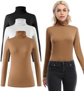 Femdouce Womens Turtleneck Long Sleeve Shirt Lightweight Slim Pullover Basic Undershirts Active Turtle Neck T-Shirts 3 Pack Black/White/Coffee M