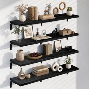 TEDIDUWA 12 Inch Deep Floating Shelves Set of 4, 60 Inch Extra Wide Black Solid Wood Wall Shelves, 5ft Heavy Duty Farmhouse Wall Mounted Shelving for Kitchen, Living Room & Bedroom