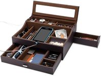 Mens Valet Box Organizer, Large Leather Valet Tray for Men, Mens Valet Tray Organizer with Charging Station, Mens Jewelry Box Organizer for EDC Valet Mens Accessories, Nightstand Bedside Dresser Top