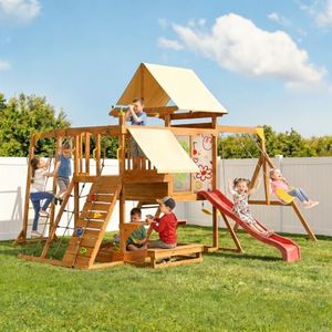 Wooden Swing Sets for Backyard, Outdoor Playground Playset with Monkey Bars, Slide, Dual Swings, Rock Wall, Rope Ladder, Climbing Net, Covered Play Deck, Picnic Table for Kids Ages 3-10