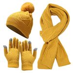 Women Winter Beanie Hat Scarf Gloves Set Fleece Thick Beanie Hat with Pom Pom Knit Neck Scarf Touchscreen Gloves Ski Set, D - Yellow(not Touchscreen)adult, One Size