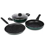 Prestige Omega Deluxe Non-Stick Cookware 3 Pc Set | PFOA Free 5-Layer Coating | Omni Tawa 25 cm | Fry Pan 24 cm | Kadai with Glass Lid 24 cm | Moss Green | Dishwasher Safe