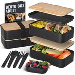 Original Bento Heaven Bento Box +Free Fun Lunch Notes, Cutlery, Chopsticks,4 Color Options Premium Leakproof Lunch Box For Adults & Kids (Bamboo Black)