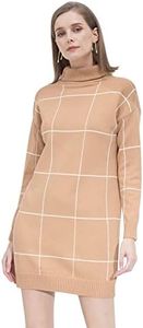 CHICWISH Women's Comfy Casual Tan Contract Grid Turtleneck Knit Pullover Sweater Dress