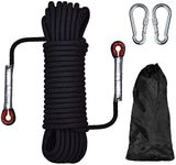 HHOOMY Outdoor Climbing Rope, 20m Length, 10.5mm Diameter, 1200Kg Pull High Strength Cord Safety Rope Braid Nylon Rope, Escape Rope Fire Rescue Parachute Rope with 2 Carabiner (Black)