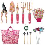 Garden Tools Set，16 Piece Floral Gardening Hand Tool Gift Kits Gardening Gifts for Women & Men, with Pruning Shears & X-Large Handle Storage Tote，Heavy Duty Gardening Tools（Pink Flowers）