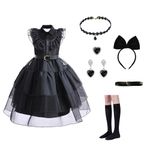 Wednesday Addams Costume Cosplay Gothic Black Dress for Toddlers Girls Kids with Accessories Halloween Party Outfit (11-12Y)