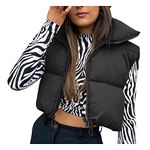 Womens Cropped Puffer Down Vest Sleeveless Quilted Lightweight Jackets Full Zip Up Winter Warm Coat Outerwear, Black, Small