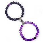 Matching Couple Bracelets Healing Crystal Bracelets for Couples Matching Heart Bracelet for Lover Him & Her Boyfriend Girlfriend Valentine's Day Gifts (Purple Weathered Agate+ Black Lava Rock Stone)