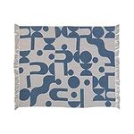 Bloomingville Woven Reclaimed Cotton Blend Printed Sheet with Abstract Design and Fringe, Blue and Beige Throw Blanket