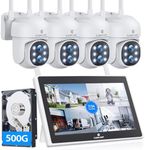 CAMCAMP Wireless Security Camera System Outdoor with 10.1" LCD Monitor, 4Pc 2K Dual Lens PTZ Security Cameras, 10X Zoom, Color Night Vision,Auto Tracking,2-Way Audio,10CH Expandable NVR, 500GB HDD