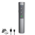 Rechargeable Presentation Clicker with Green Light Pointer, 2 in 1 USB-A USB-C Metal Wireless Remote Powerpoint Slide Clicker with Volume Control for PPT/Mac/Laptop/Computer, Google Slide Advancer