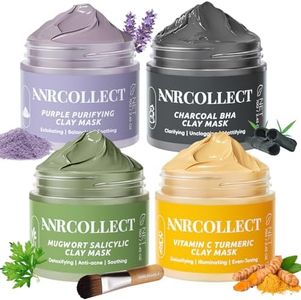 ANRCOLLECT Face Mask Set, 4Pcs Clay Mask, Face Masks Skin Care with Vitamin C, Charcoal, Mugwort and Purple Clay, Skincare Gift Set for Blackheads, Refining Pores & Controling Oil, Dry & Oily Skin