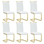 gopop Modern Dining Chairs Set of 6,High Back White Kitchen Chairs,Faux Leather Side Chair with Gold Plated Metal Legs,Easy to Clean Upholstered Dining Chairs,Ideal for Living Room(Gold Leg)