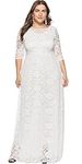 FEOYA Women Plus Size 2/3 Sleeve Lace Maxi Evening Dress Bridesmaid Formal Dress White