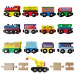 Tiny Conductors 12 Wooden Train Cars with 1 Bonus Crane and 4 Bonus Connectors Locomotive Tank Engines and Wagons for Toy Train Tracks