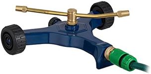 Relaxdays 2-Arm Sprinkler, with Wheels, Spray Radius 4-5 m, Adjustable Jets, 3/4'' Connector, 10x27.5x26 cm, Blue/Gold, 50% metal 30% copper 20% plastic