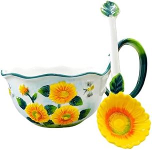35.27 Oz Microwavable Soup Bowl with Handle, Handmade Relief Sunflower Decorative Soup Bowls with Handles, Ceramic Soup Bowl with Spoon for Holding Fruits Cereal Snack, Chili, Ice Cream, Stew, Salsa