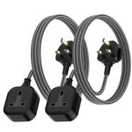 1 Gang Extension Lead 2 Meters, Pack of 2, Single Plug Socket 13A 250V 3Kw Power Cable Extension Socket, IP20 - Black