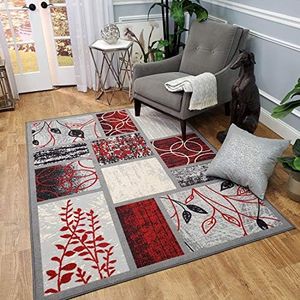Rubber Backed Area Rug, 58 x 78 inch (fits 5x7 Area), Red Grey Geometric, Non Slip, Kitchen Rugs and Mats