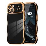 ZTOFERA for iPhone 15 Case 6.1 inch,Cute Curly Wave Frame Case with Love Heart Pattern,Luxury Plating Edge Full Camera Protection Shockproof Phone Case for Women Girls-Black
