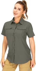 Women's UPF 50 Short Sleeve Button Down Shirts UV Sun Protection Safari Shirts Quick Dry Outdoor Shirt for Fishing Hiking Travel(5075,Mountain Green,L)
