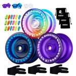 Kids Yoyo K1 Crystal, Pack of 3 Responsive Yoyos for Kids Beginners, Tricks Yoyo K1 for Finger Spin Tricks + 3 Yoyo Bags + 18 Yoyo Strings + 3 Yoyo Gloves - Blue +Purple +Blue Pink Yellow