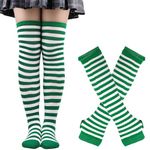 Thigh High Socks Knit Stripe Long Socks Over Knee Cotton Leg Warmer for Women Girls Arm Warmer Gloves Boot Socks (Green-White, One Size)