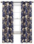 Lush Decor, Navy and Taupe Farmhouse Bird and Flower Insulated Grommet Blackout Window Curtain Panel Pair, 84" x 38", 84 in x 38