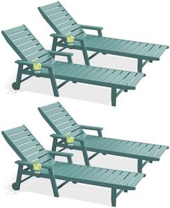 PLUUV HDPE Outdoor Lounge Chairs Set of 4, Patio Chaise Lounge Chairs for Outdside with 5-Position Adjustable Backrest & Cup Holders & Wheels for Patio, Deck, Poolside, Backyard -Aruba Blue