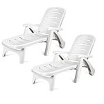 Giantex Folding Lounger Chaise Chair on Wheels Outdoor Patio Deck Chair Adjustable Rolling Lounger 5 Position Recliner w/Armrests (2, White)