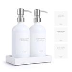 Glass Soap Dispenser with Pump and Concrete Tray | Vintage Soap Dispenser Bathroom and Kitchen Set with Dish Soap, Hand Soap, Lotion Waterproof Labels (White Bottles - Silver Pump)