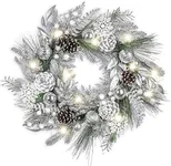 Valery Madelyn 24'' Pre-Lit Christmas Wreath for Front Door with Light, Large Lighted Outdoor Christmas Wreath with Snowy Silver White Xmas Ball Pinecones for Home Porch Fireplace Window Holiday Decor
