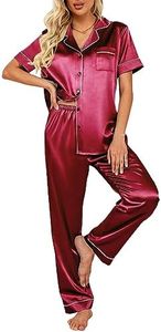 Ekouaer Silk Satin Pajamas Set Women Short Sleeve Sleepwear Soft Button Down Loungewear Pjs Set, Wine Red, Medium