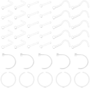 JFORYOU 20g Clear Nose Studs Rings Retainers for Surgery Work 40Pcs Bioflex Plastic Flexible L Shape Flat Top Nose Corkscrew Nostril Bone Piercing Spacers Jewelry
