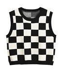 Hyipels Argyle Sweater Vest Women Y2K Plaid Knitted Streetwear Preppy Style V Neck Crop Knitwear Tank Top for Girl, Checkered Black+White, Large