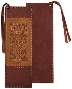 Christian Art Gifts Brown Faux Leather Bookmark | Steadfast Love - Lamentations 3:22 Bible Verse Inspirational Bookmark for Men and Women w/Satin Ribbon Tassel