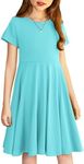 Arshiner Little Girls Short Sleeve A Line Casual Skater Dress,Blue,120(Age for 6-7Y)