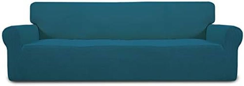 Easy-Going Stretch 4 Seater Sofa Slipcover 1-Piece Sofa Cover Furniture Protector Couch Soft with Elastic Bottom for Kids, Polyester Spandex Jacquard Fabric Small Checks Peacock Blue